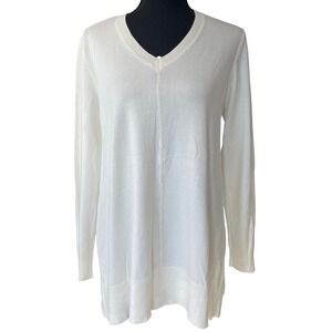 DKNY Longline V Neck Sweater Womens L White Minimalist Lounge Winter Capsule